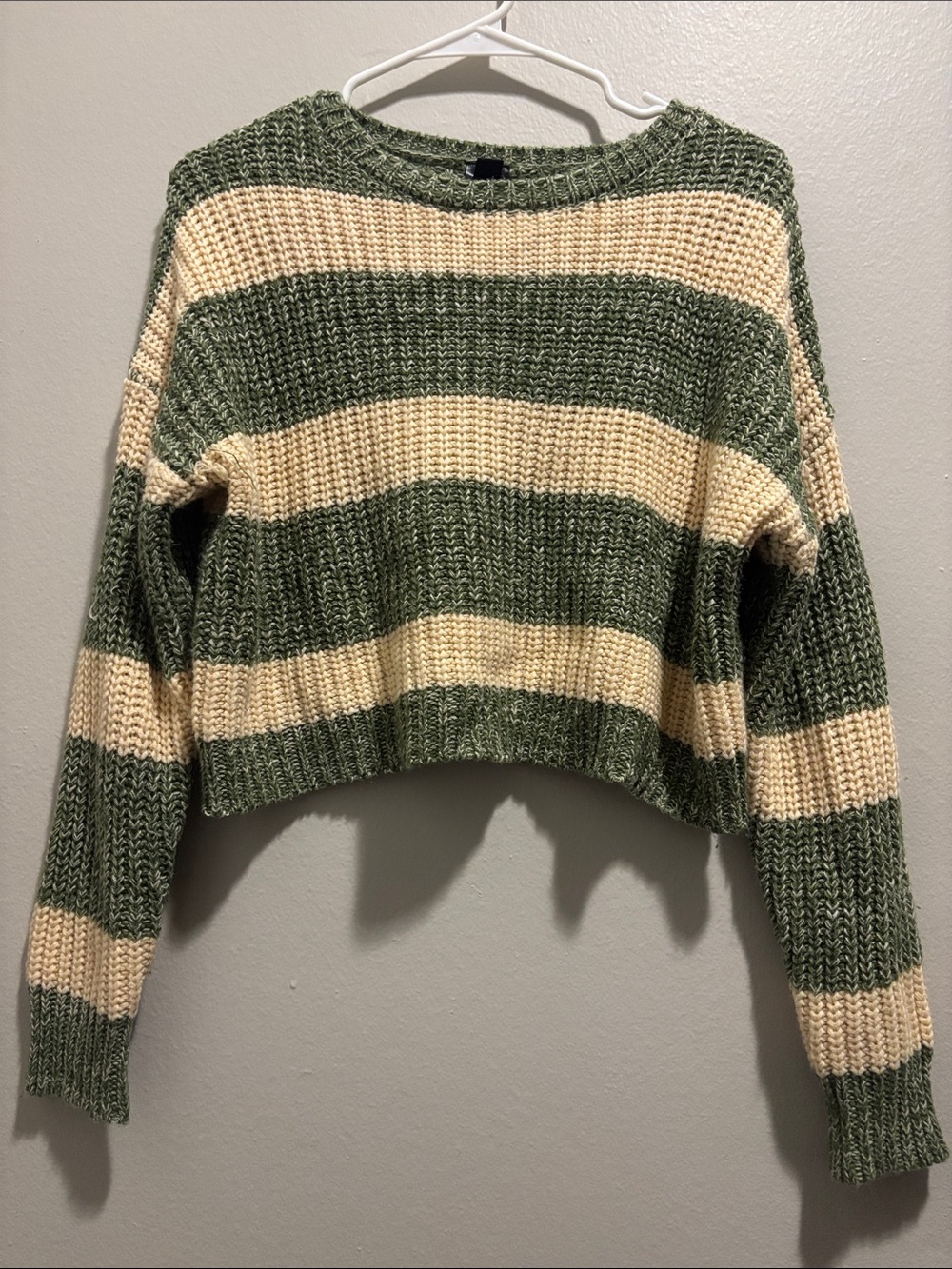 Windsor Green & Cream Striped Cropped Crew Sweater